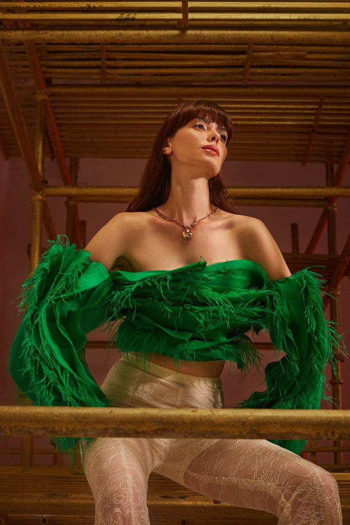 Electric Green Ruffle & Feather Top - Zabella