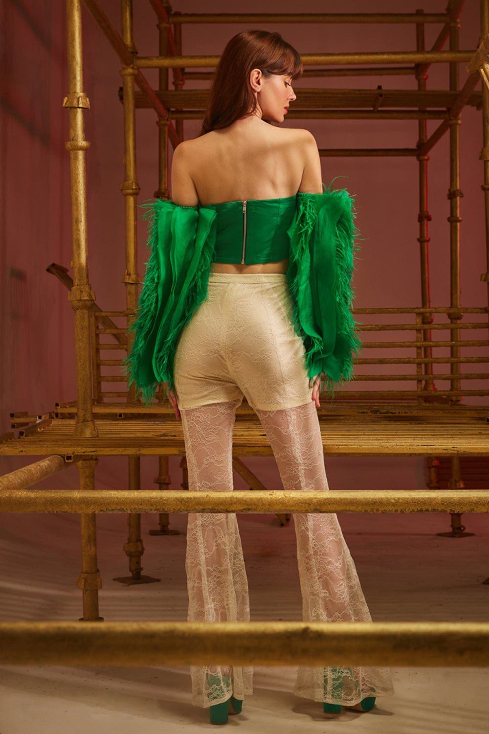 Electric Green Ruffle & Feather Top - Zabella