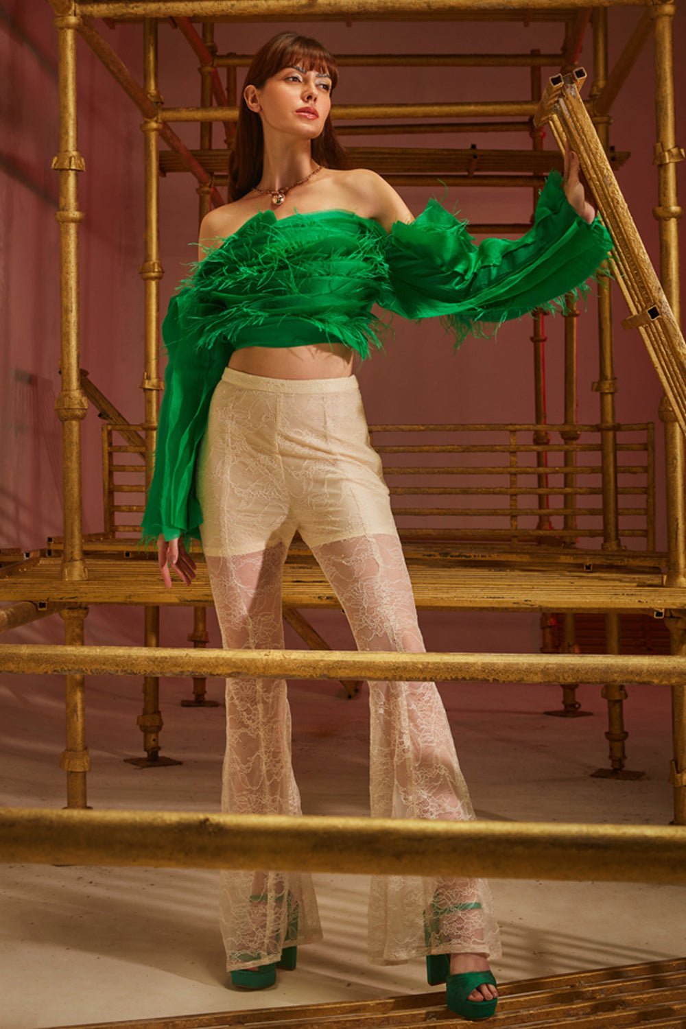 Electric Green Ruffle & Feather Top - Zabella