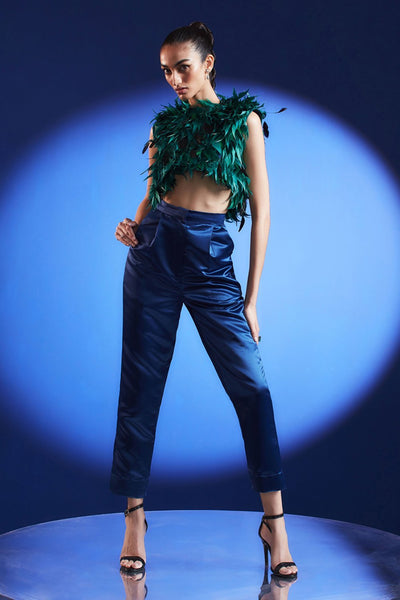 Feather Top and Satin Pants Set - Zabella