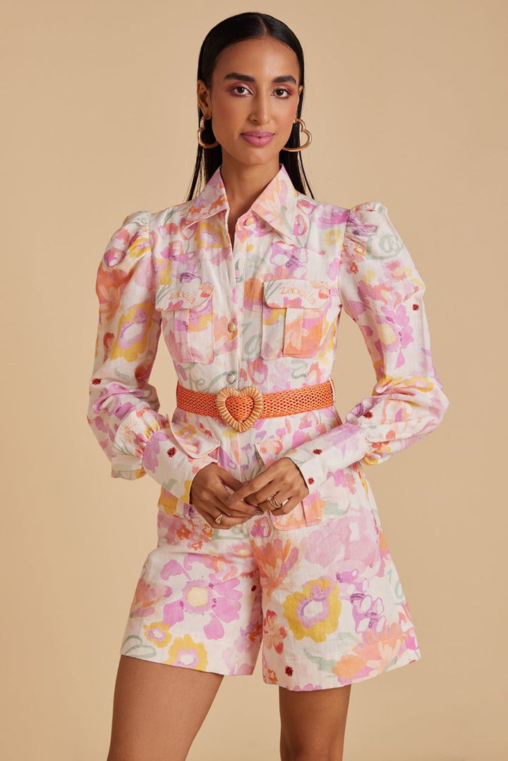 Florid Print Linen Playsuit - Zabella