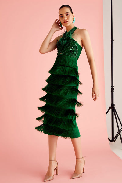 Forest Green Fringed Embroidered Midi Dress - Zabella