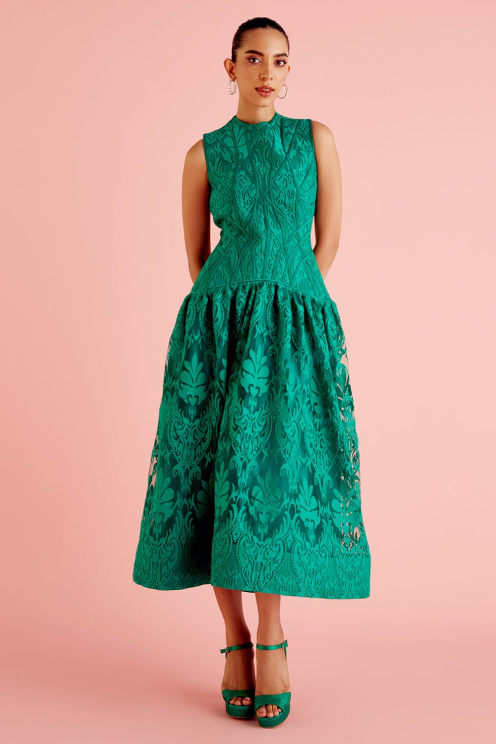 Forest Green Textured Midi Dress - Zabella