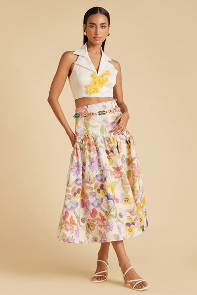 Garden Print Linen Midi Skirt - Zabella