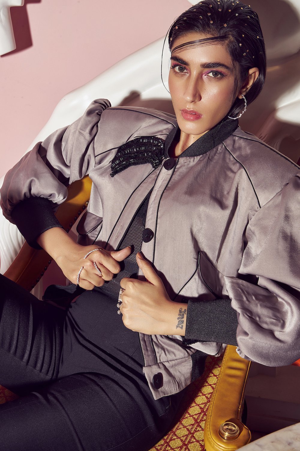 Grey Satin Finish Bomber Jacket - Shopzabella