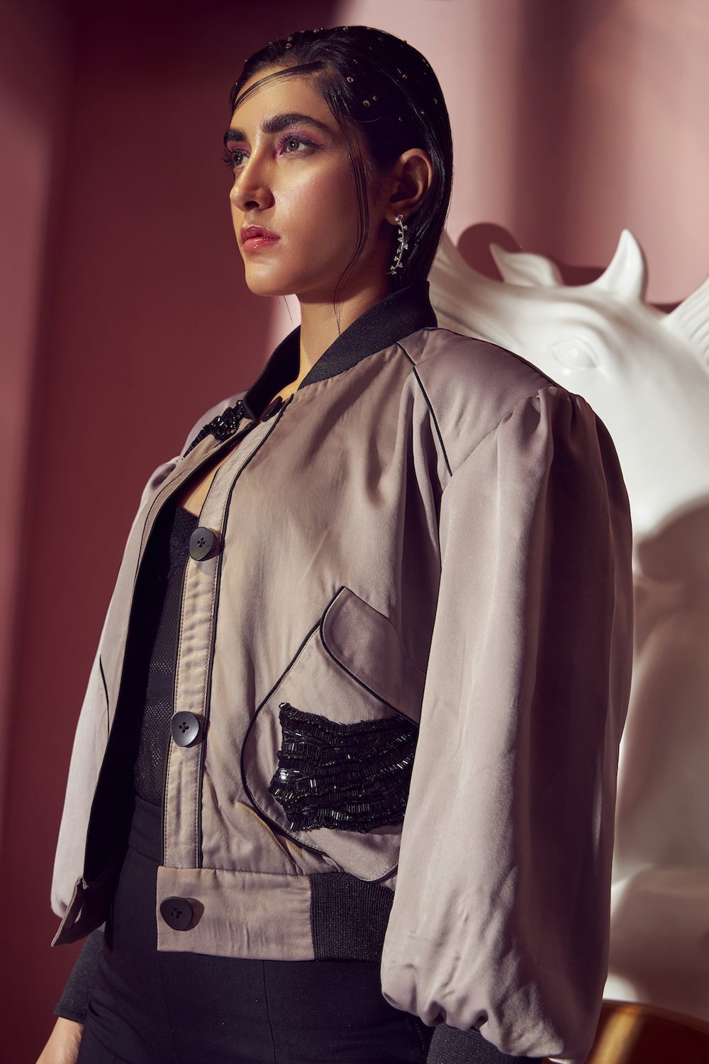Grey Satin Finish Bomber Jacket - Shopzabella
