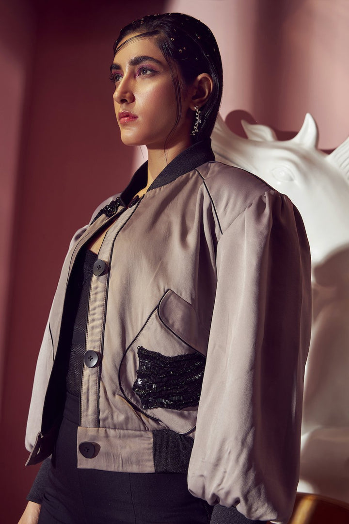 Grey Satin Finish Bomber Jacket - Shopzabella