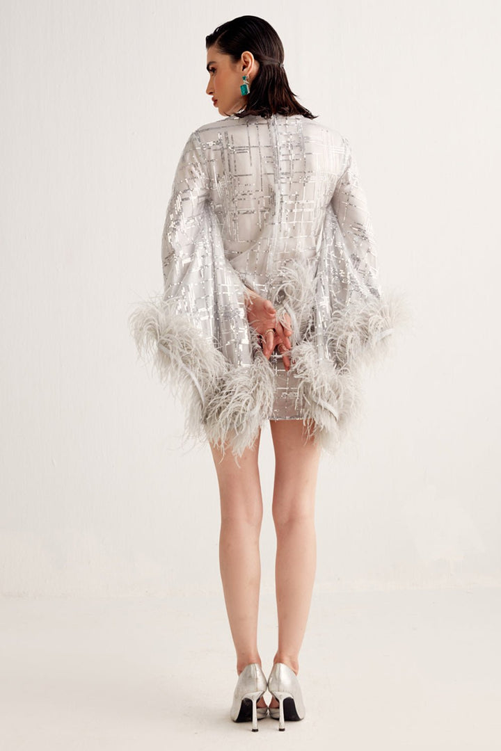 Grey Sequin Feather Mini Dress - Zabella