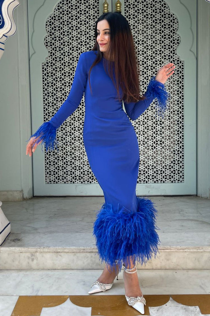 Indigo Blue Dress With Feathers - Zabella