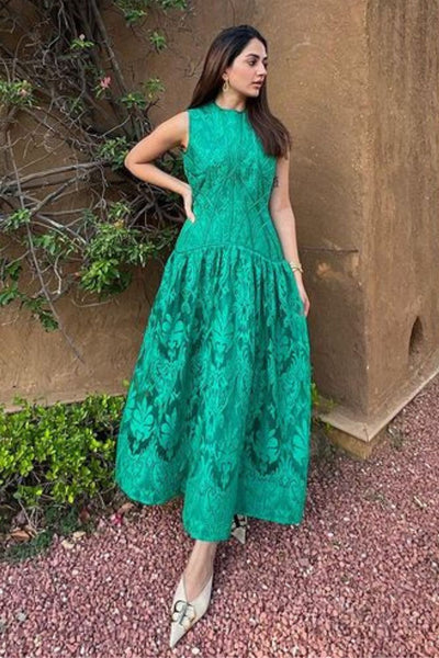 Karma Dhingra In Our Forest Green Textured Midi Dress - Zabella