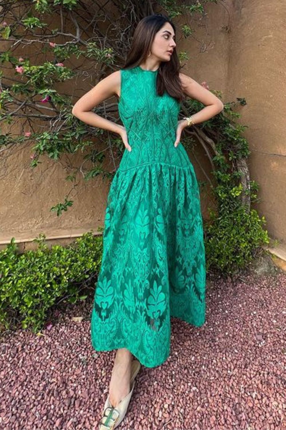 Karma Dhingra In Our Forest Green Textured Midi Dress - Zabella