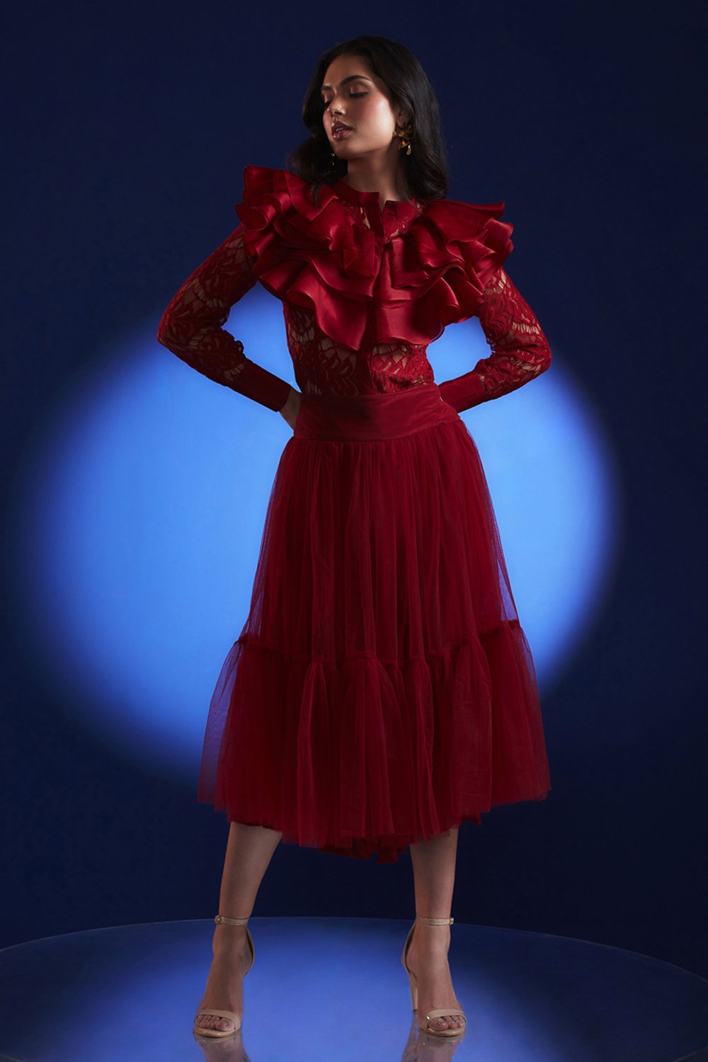 Lace Ruffled Shirt And Midi Skirt Set - Zabella