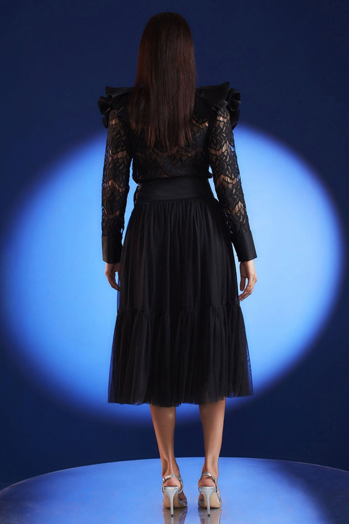 Lace Ruffled Shirt And Midi Skirt Set - Zabella