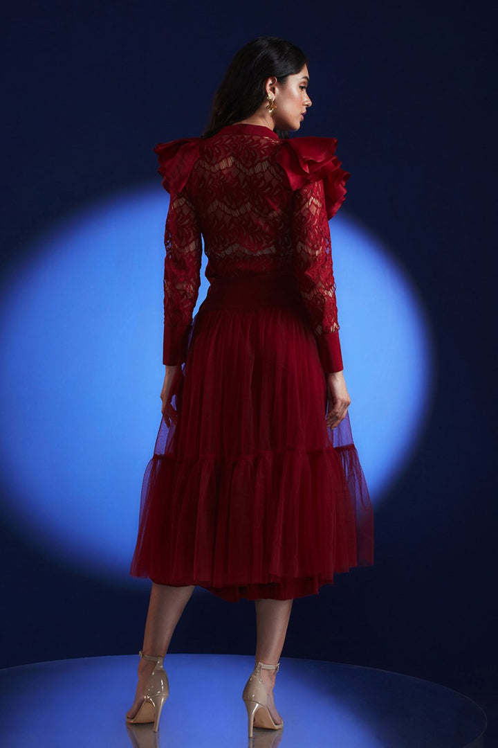Lace Ruffled Shirt And Midi Skirt Set - Zabella