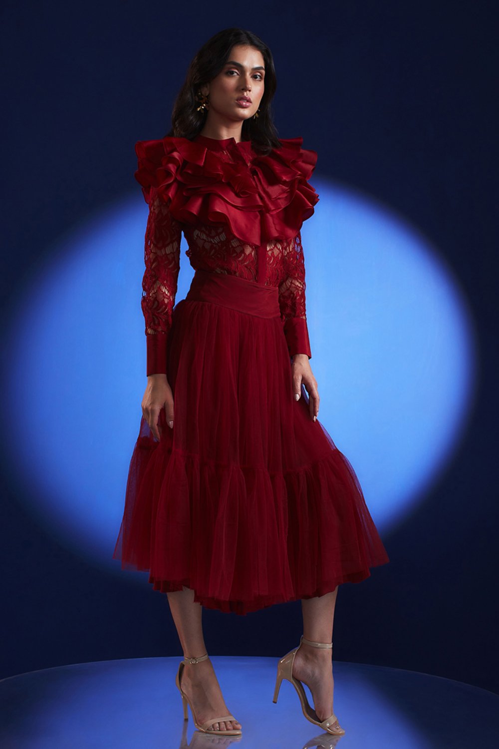 Lace Ruffled Shirt And Midi Skirt Set - Zabella