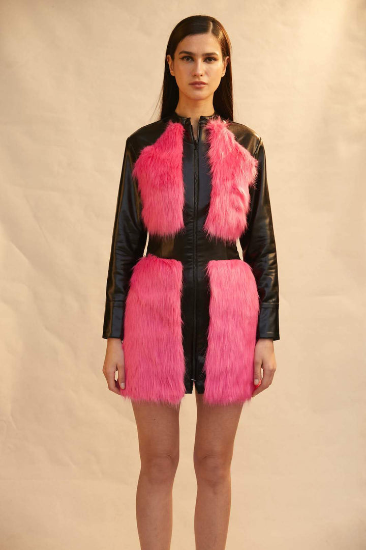 Leatherette And Faux Fur Jacket Dress - Shopzabella