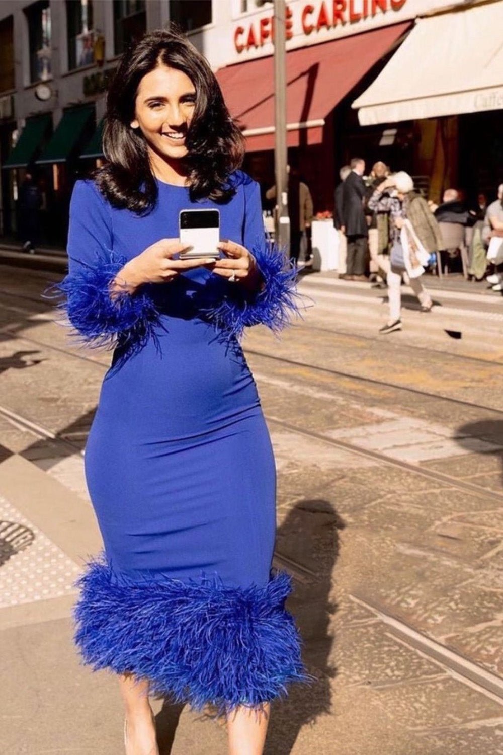 Masoom Minawala In Our Indigo Blue Dress With Feathers - Zabella