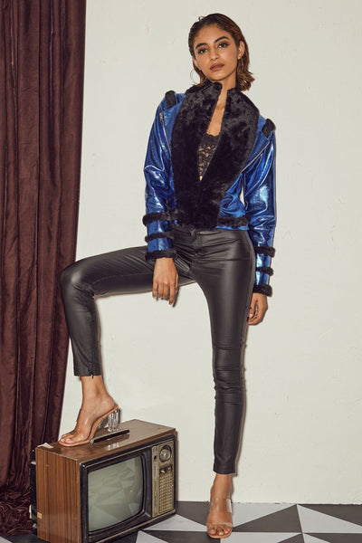 Metallic Blue and Black Short Jacket - Zabella