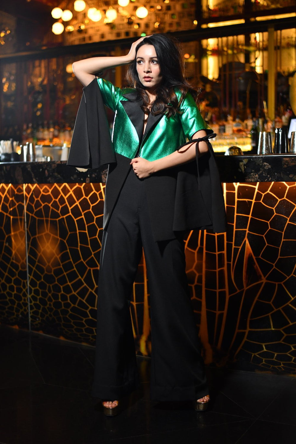 Metallic Green And Black Blazer - Shopzabella
