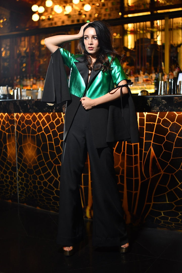 Metallic Green And Black Blazer - Shopzabella