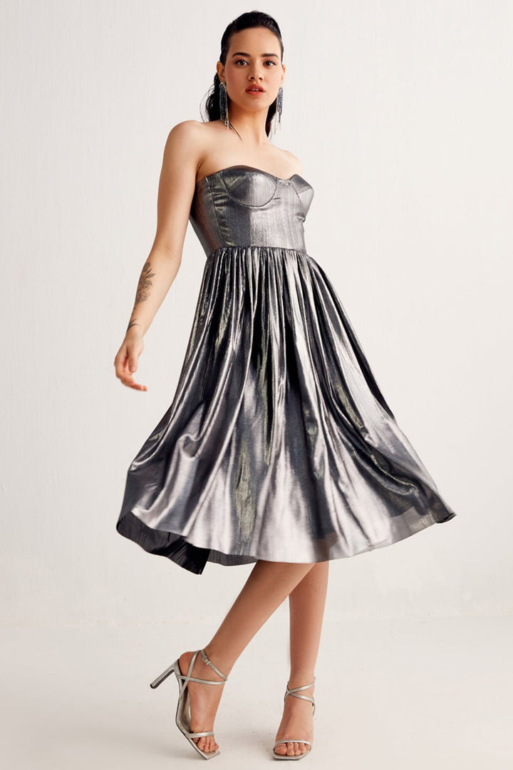 Metallic Grey Corset Midi Dress - Zabella