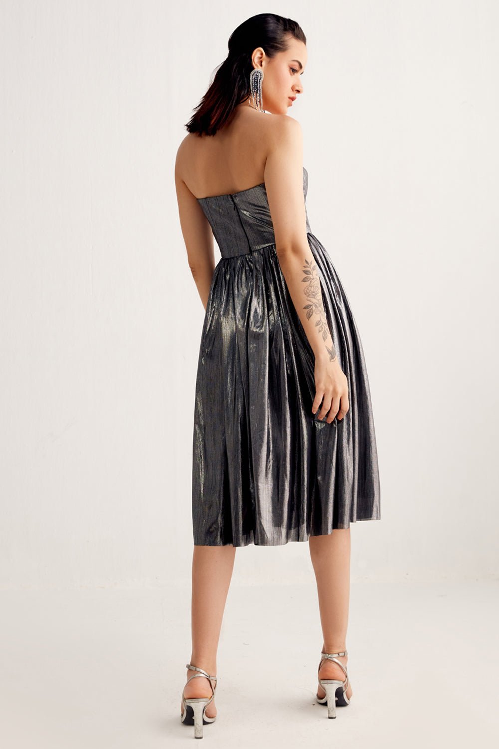Metallic Grey Corset Midi Dress - Zabella