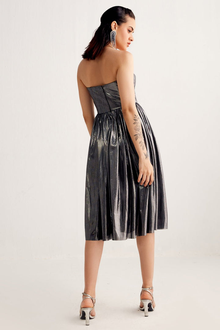 Metallic Grey Corset Midi Dress - Zabella