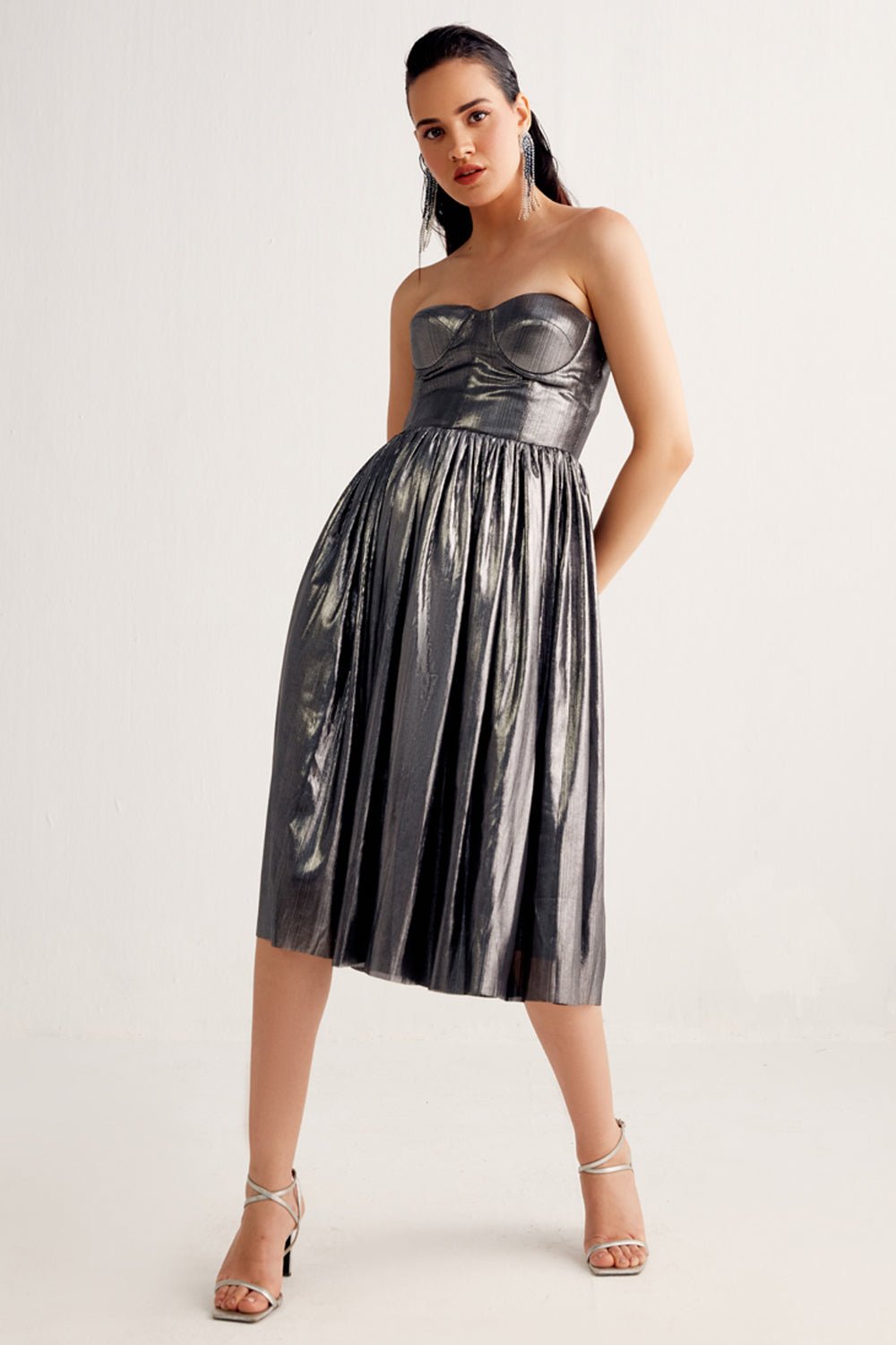 Metallic Grey Corset Midi Dress - Zabella