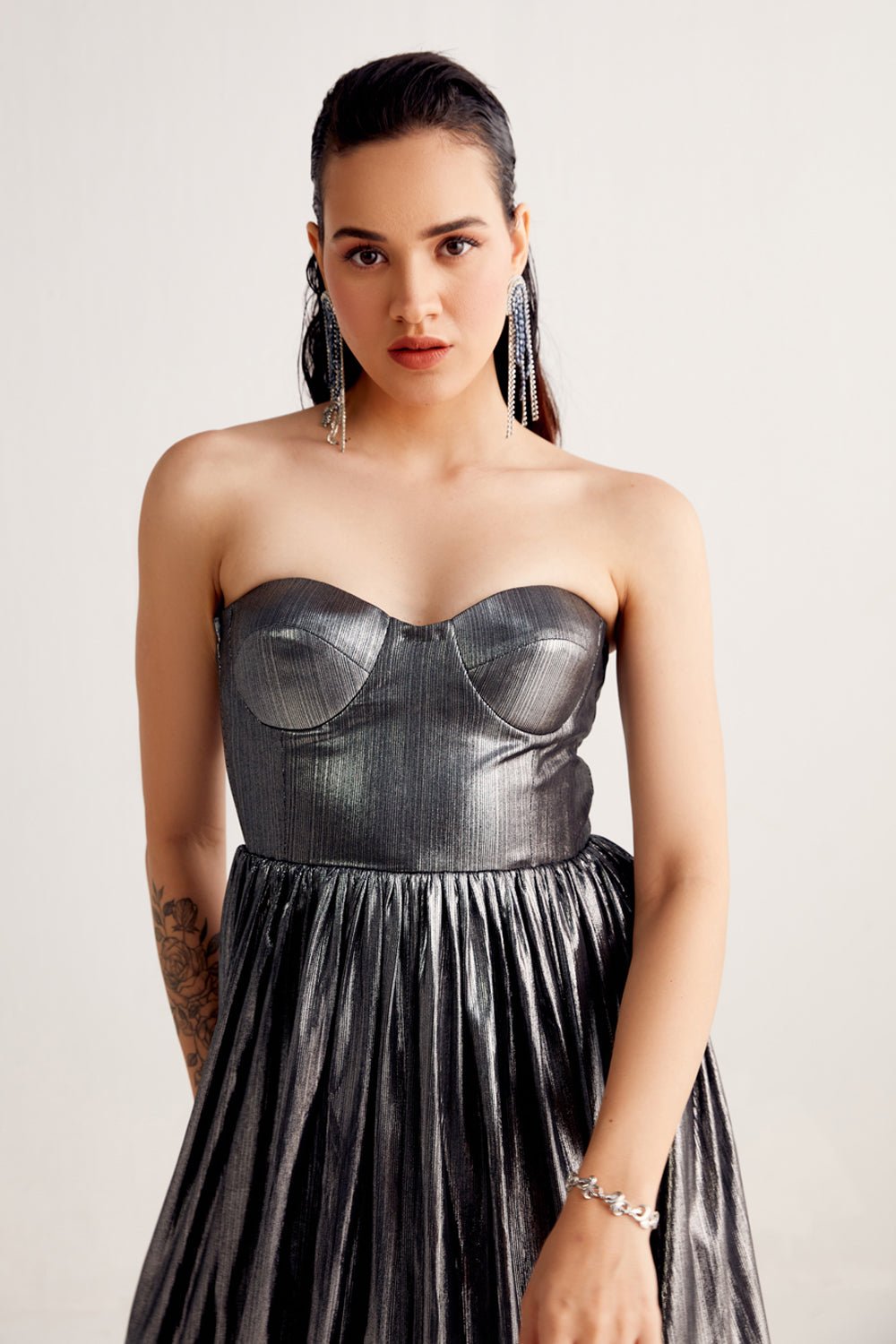 Metallic Grey Corset Midi Dress - Zabella