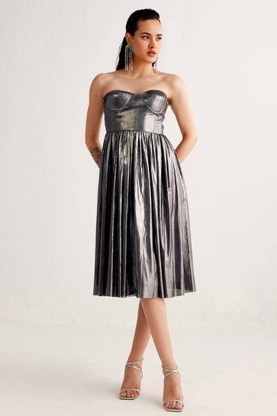 Metallic Grey Corset Midi Dress - Zabella