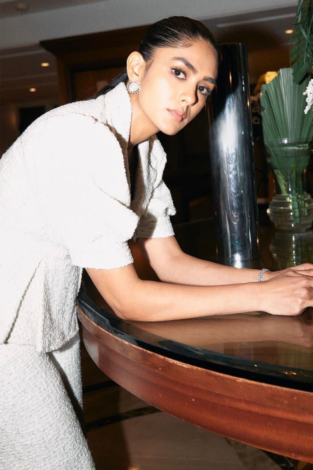Mrunal Thakur In Our Ivory Tweed Peplum Top & Pants Set - Zabella