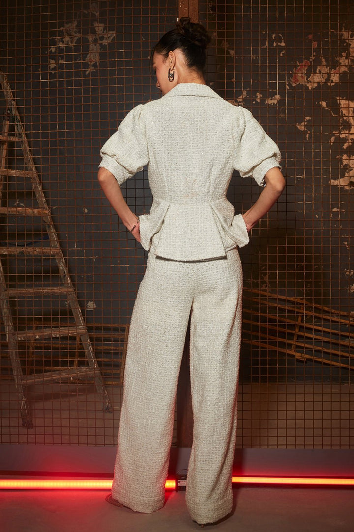Mrunal Thakur In Our Ivory Tweed Peplum Top & Pants Set - Zabella