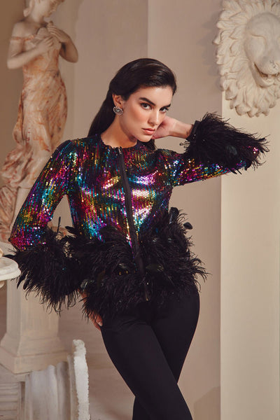 Multicoloured Sequin And Black Feather Jacket - Zabella