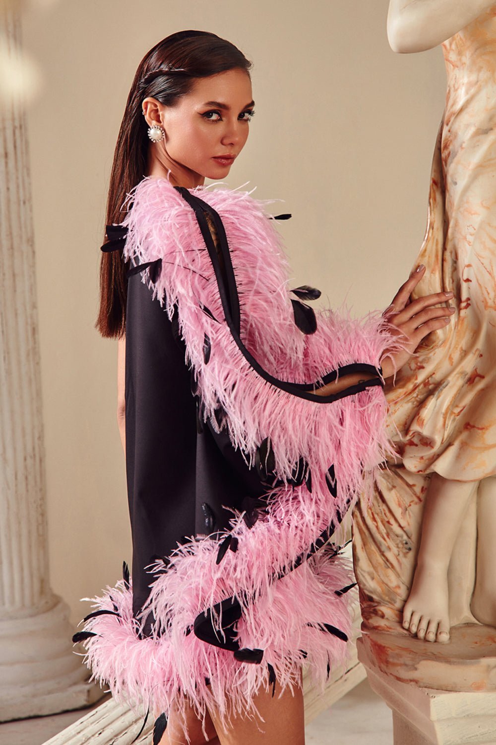 Niki Mehra Madan In Our One Shoulder Feather Mini Dress - Zabella