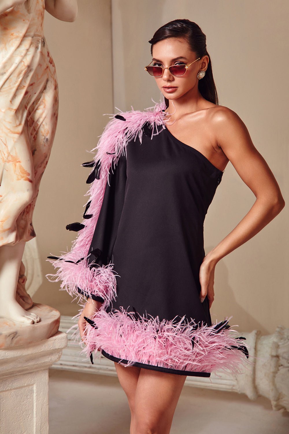 Niki Mehra Madan In Our One Shoulder Feather Mini Dress - Zabella