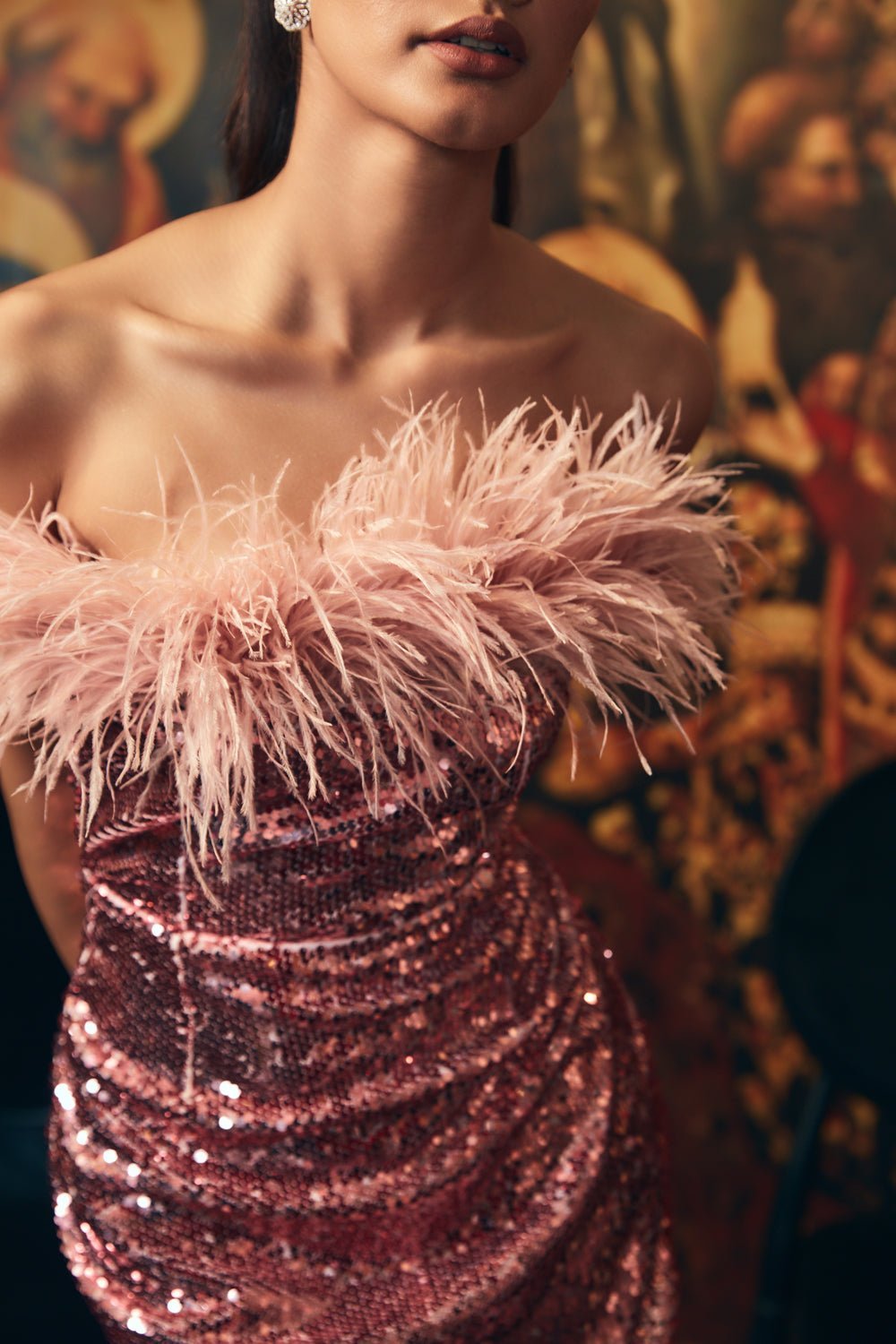 Nitibha Kaul In Our Pink Sequin & Feather Midi Dress - Zabella