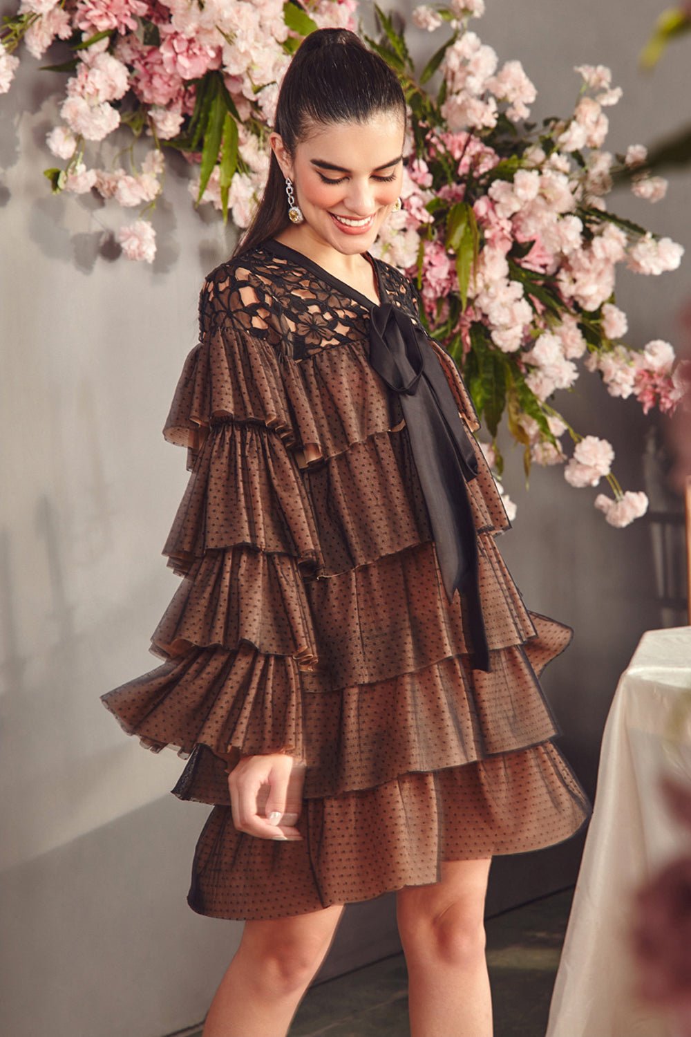 Noir And Beige Tulle And Lace Layered Dress - Zabella
