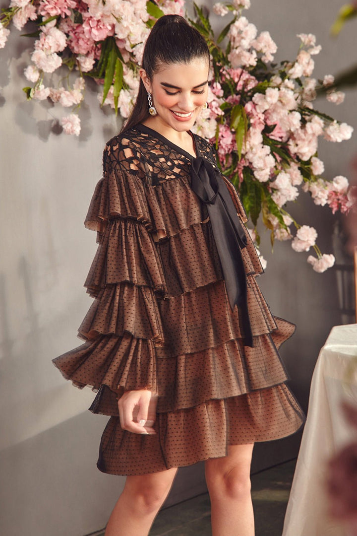 Noir And Beige Tulle And Lace Layered Dress - Zabella
