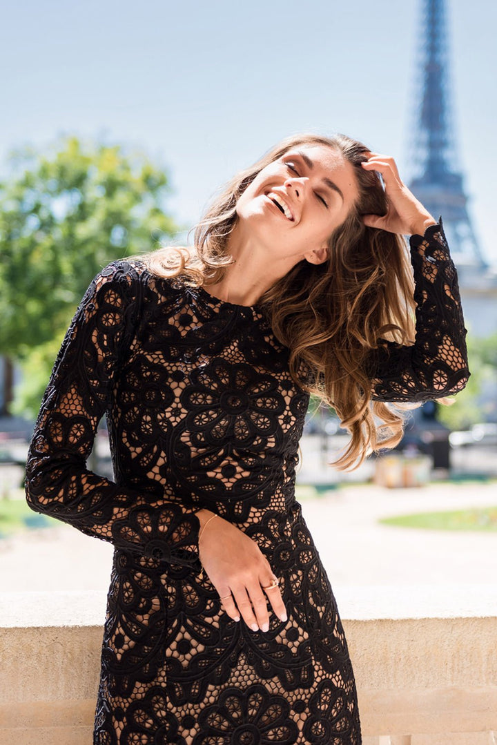 Noir And Black Lace Midi Dress - Zabella