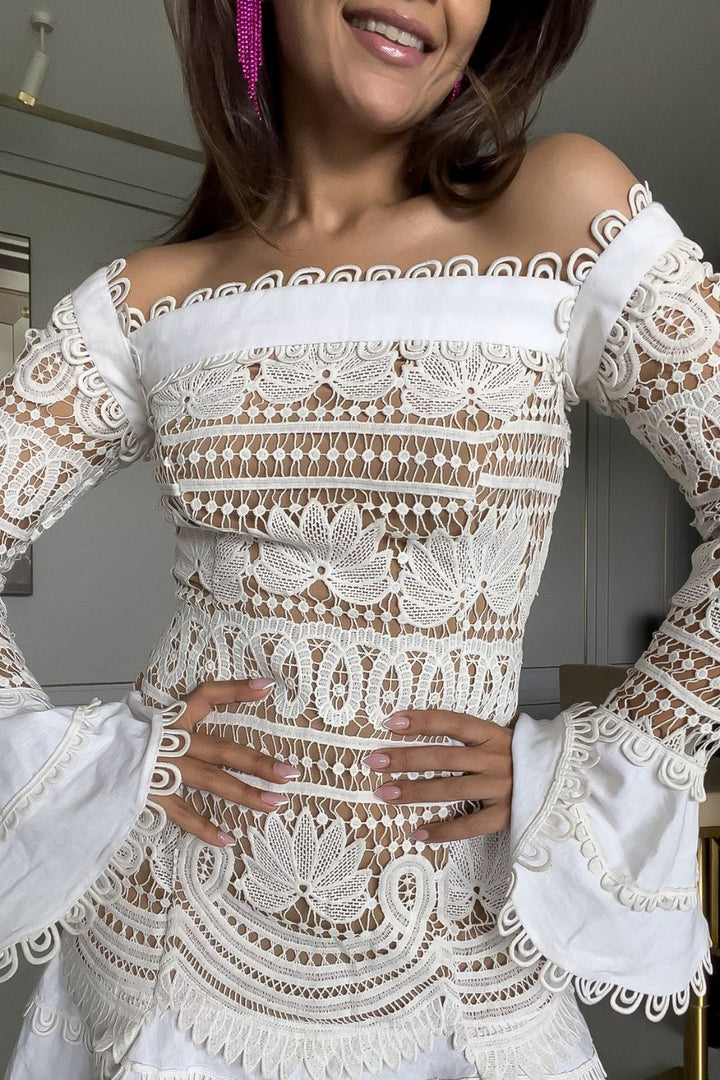 Nriti Shah In Our Patterened White Lace and Linen Mini Dress - Zabella