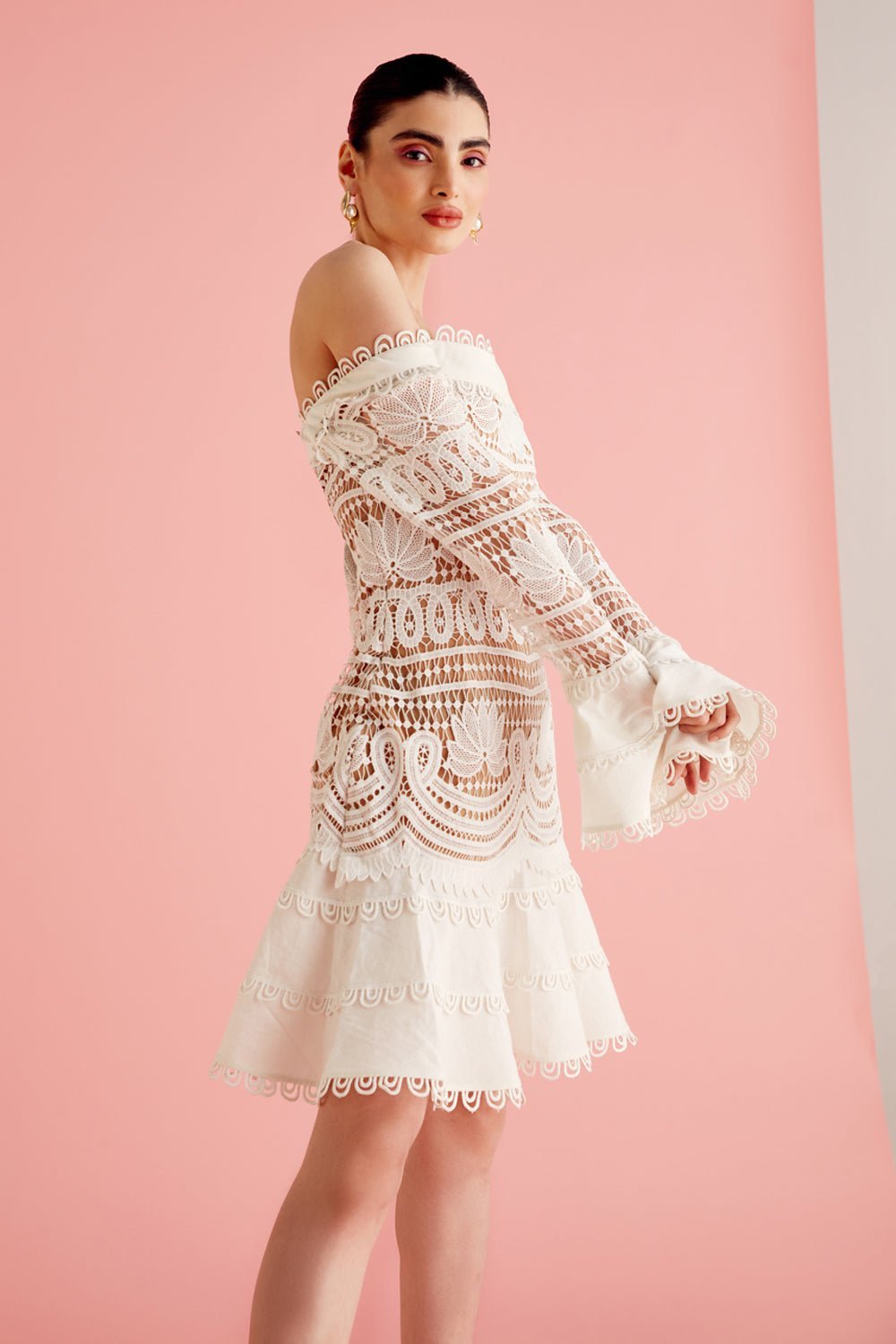 Nriti Shah In Our Patterened White Lace and Linen Mini Dress - Zabella