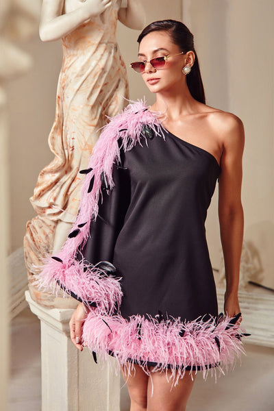 One Shoulder Feather Mini Dress - Zabella