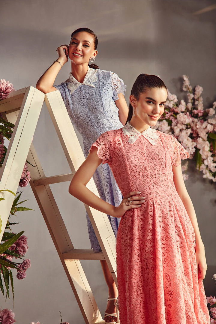 Peach Lace Collar Midi Dress - Zabella