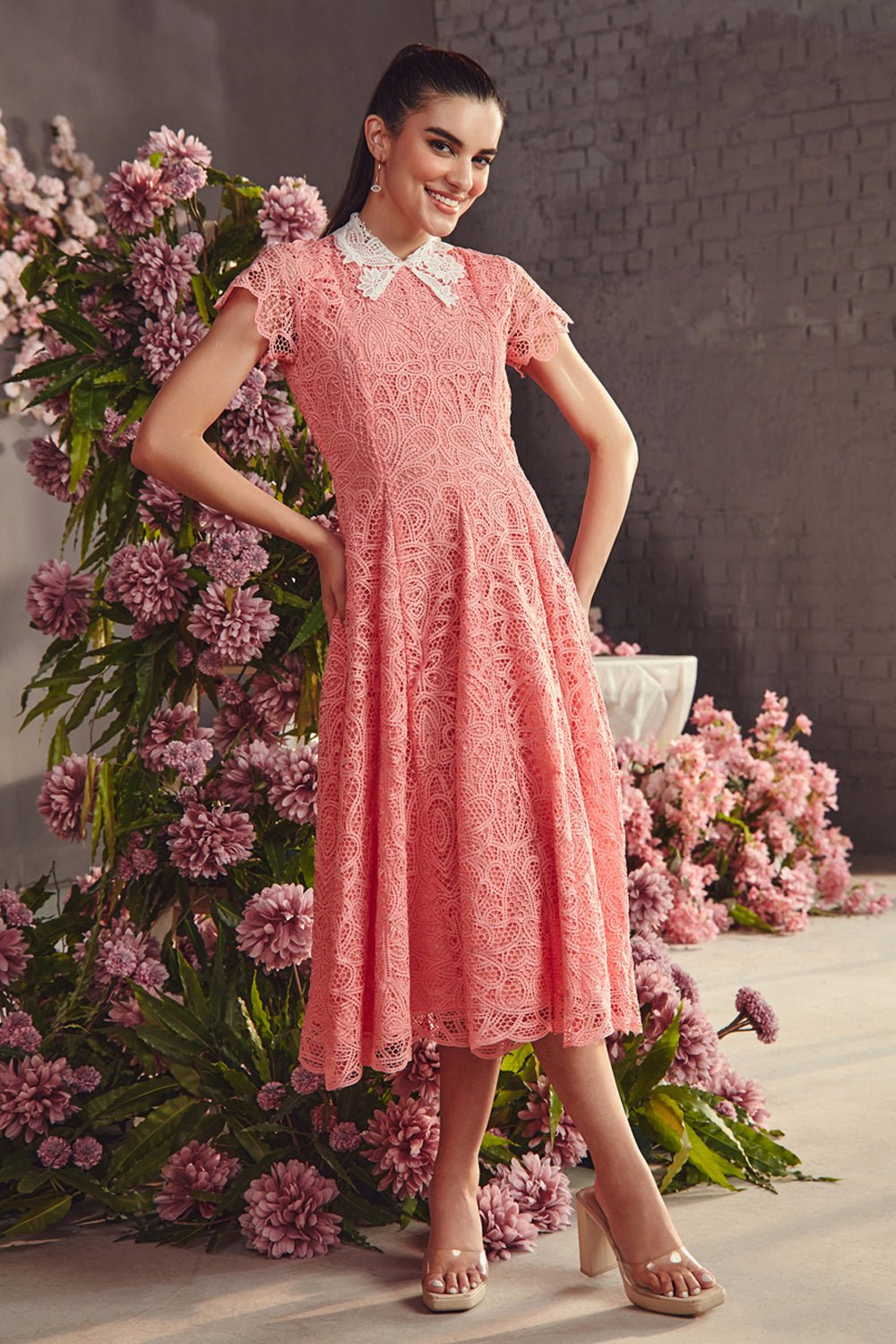 Peach Lace Collar Midi Dress - Zabella