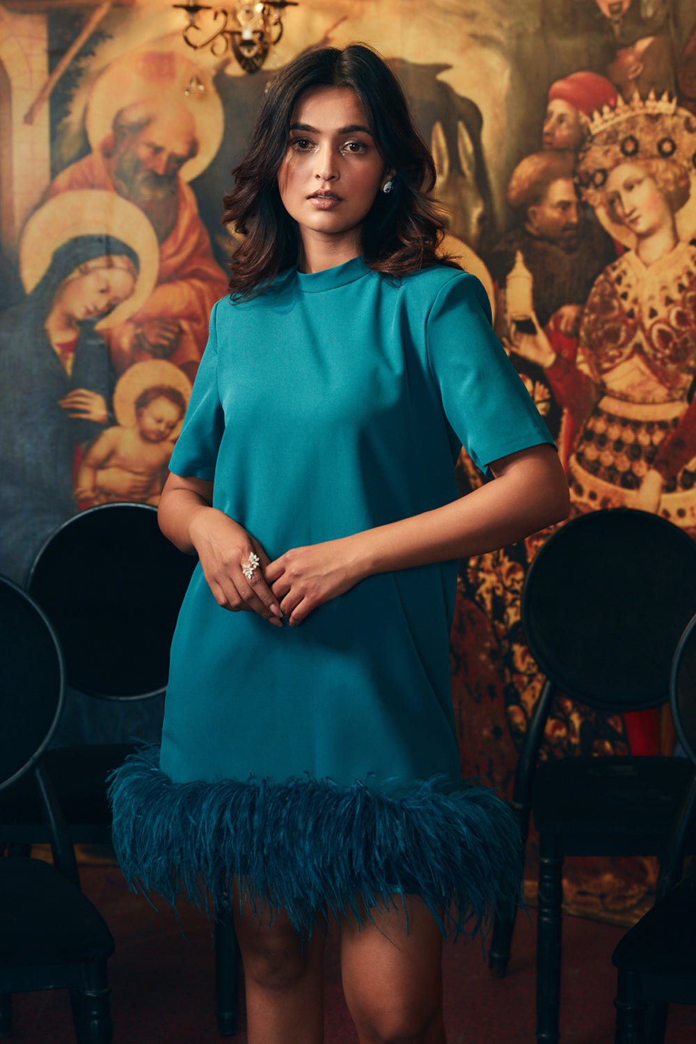 Peacock Blue Feather Mini Dress - Zabella