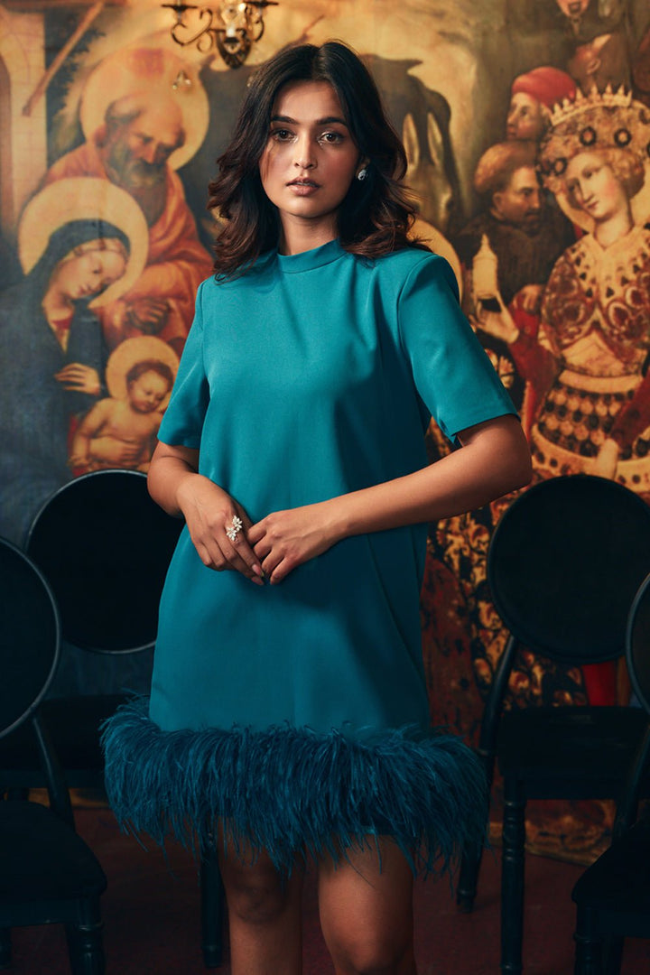 Peacock Blue Feather Mini Dress - Zabella