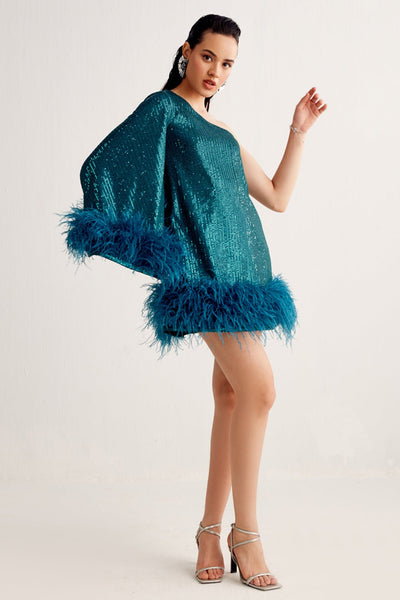 Peacock Blue Sequin Feather Mini Dress - Zabella