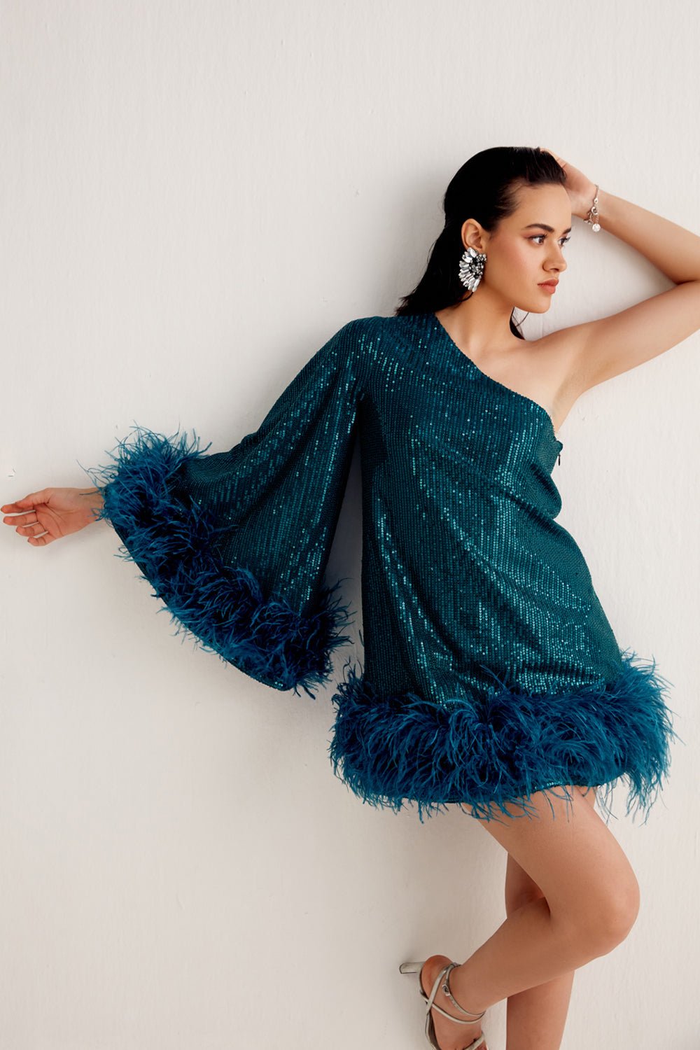 Peacock Blue Sequin Feather Mini Dress - Zabella