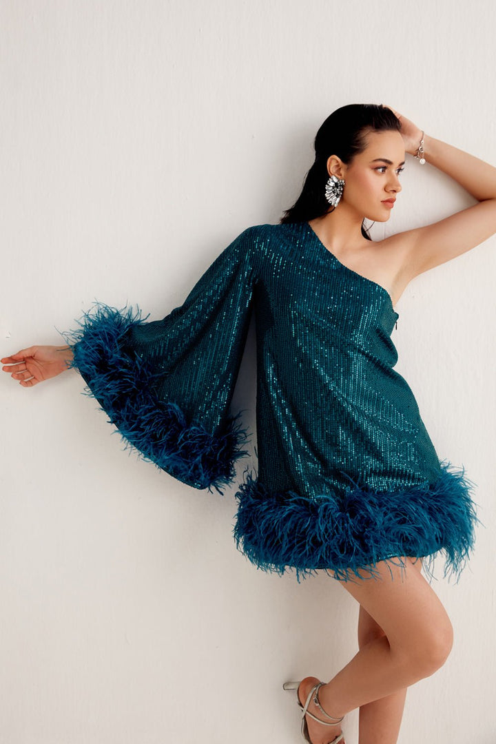 Peacock Blue Sequin Feather Mini Dress - Zabella
