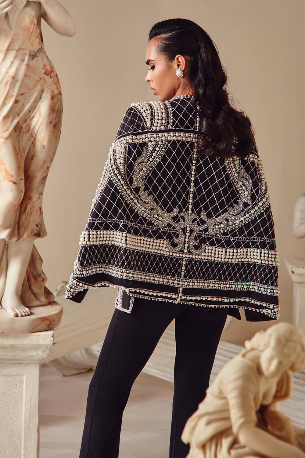 Pearl Embellished Black Cape - Zabella